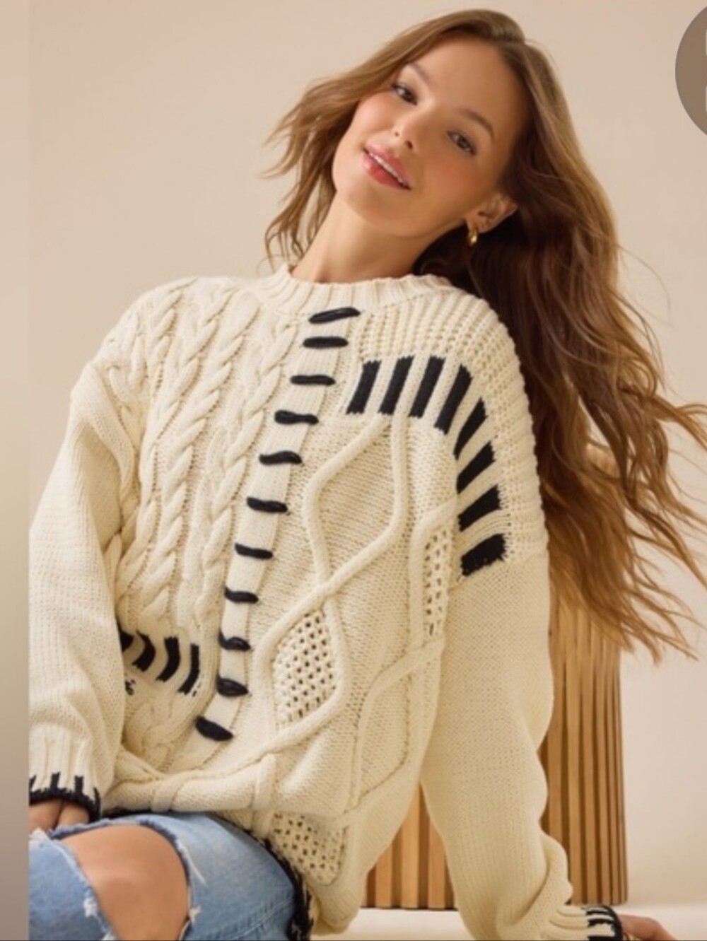 Altar'd State Ivory Cable Knit Sweater with Black Accents